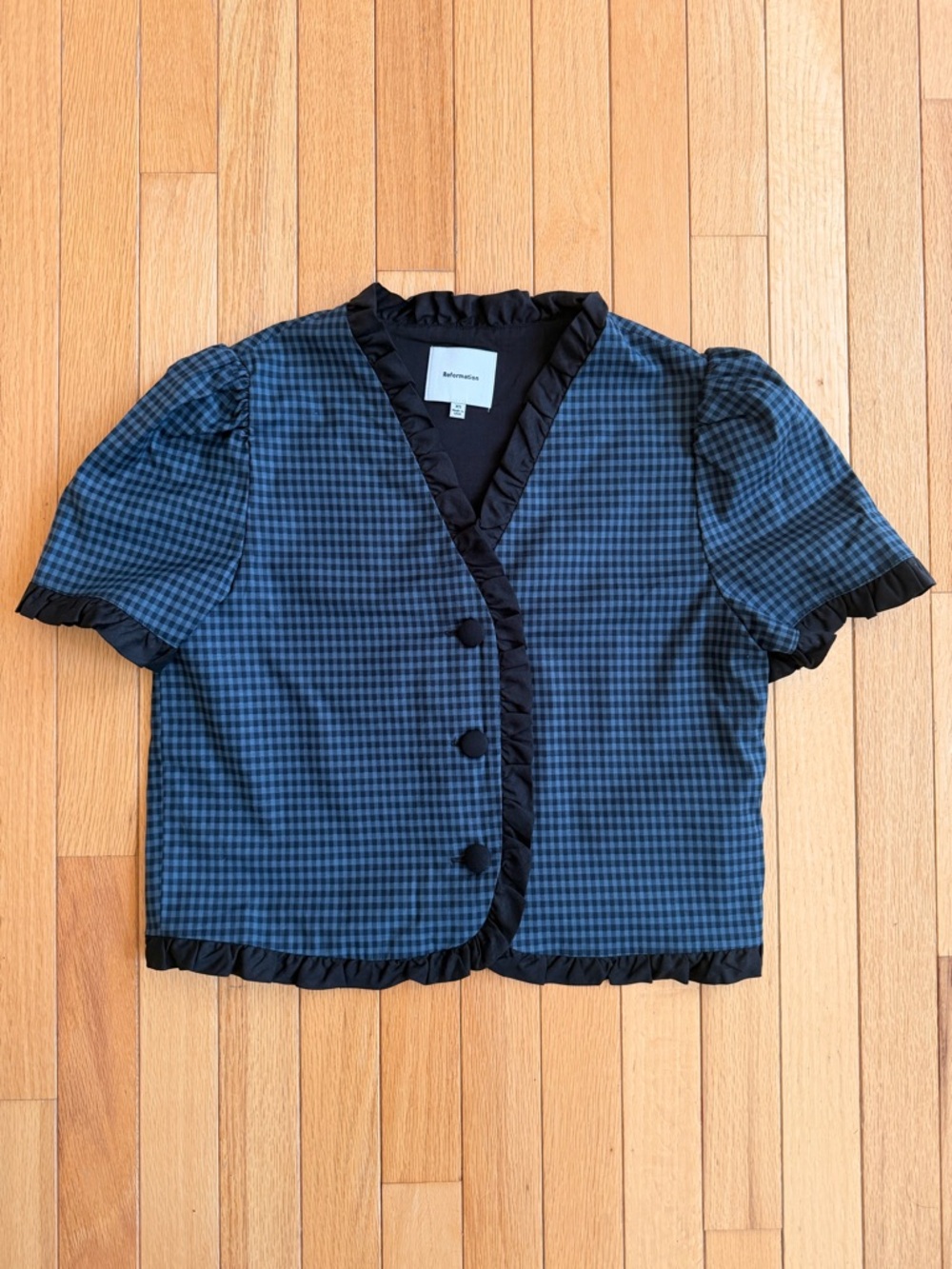 Reformation Blue Gingham Ruffle-Trim Blouse